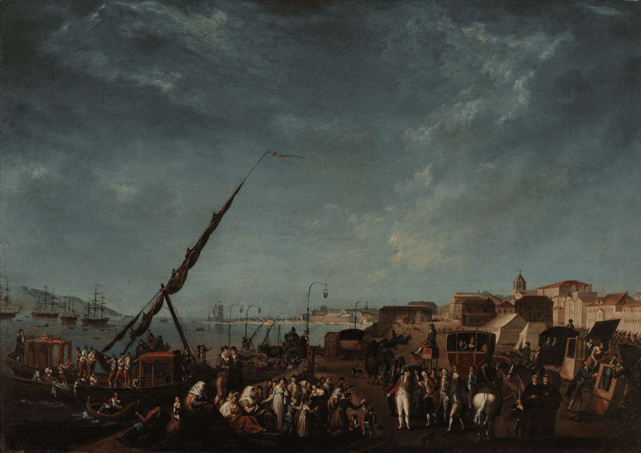 O Embarque da Família Real Portuguesa ao Brasil em 1807, pintura do século XIX atribuída a Nicolas-Louis-Albert Delerive.