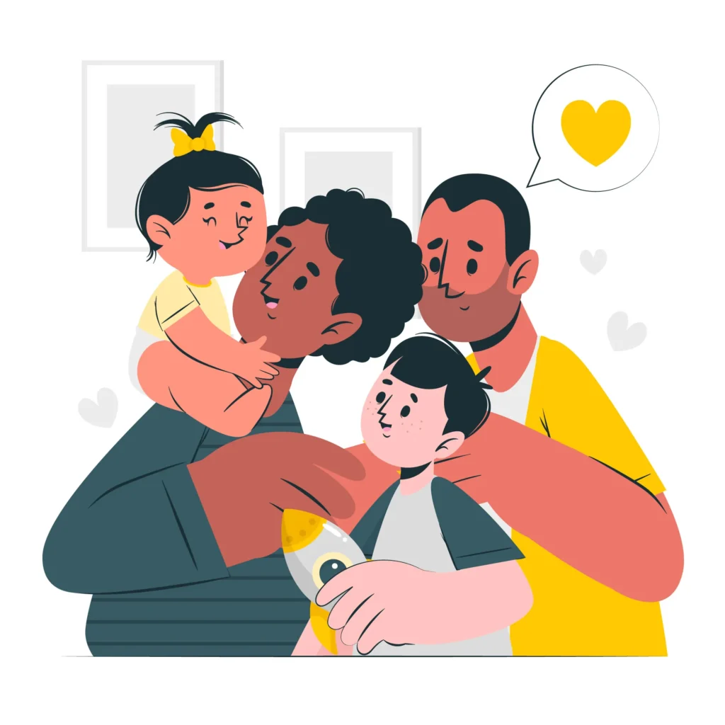 Descrição da imagem: Ilustração de uma família LGBT, composta por dois homens adultos e duas crianças, compartilhando muito carinho e atenção.