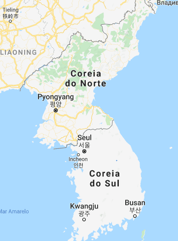 Mapa da península coreana. Ao norte, a Coreia do Norte, ao sul a Coreia do Sul. A linha divisória entre elas é o chamado paralelo 38º. Ao norte da Coreia do Norte se encontra a China. (Imagem: Google Maps)