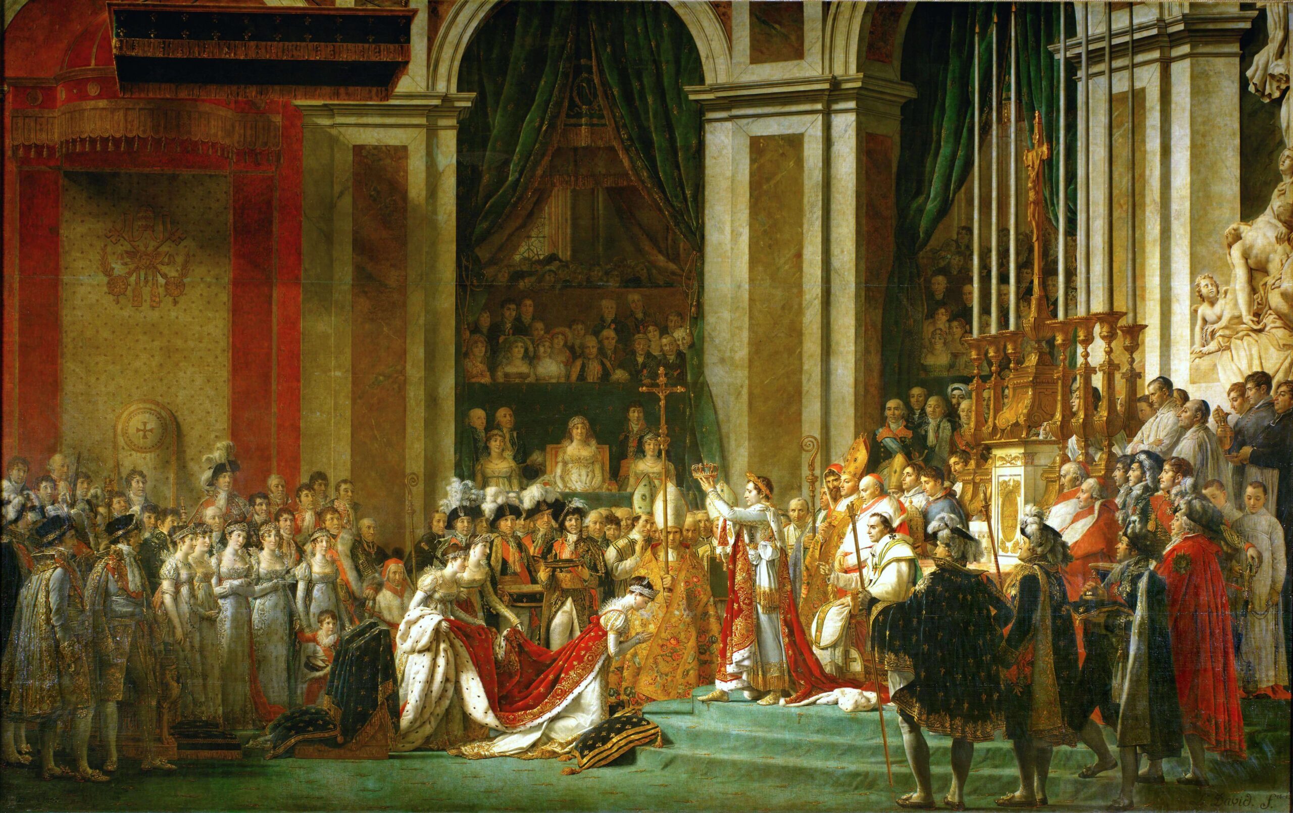 Na pintura está retratada o momento de coroação de Napoleão Bonaparte com a participação da nobreza da época.
