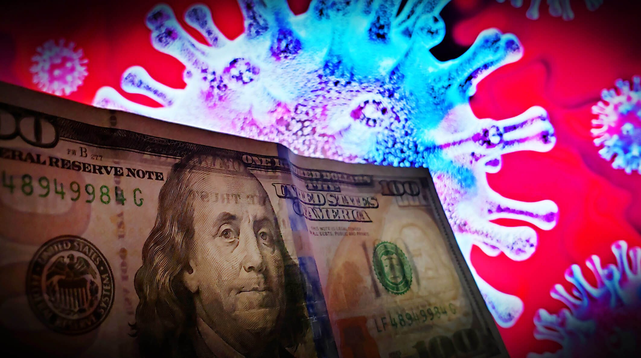 Imagem ilustrativa. Nota de dólar em frente a uma imagem do coronavírus, refletindo o impacto do vírus na economia. (Jorge AraújoFotosPublicas)