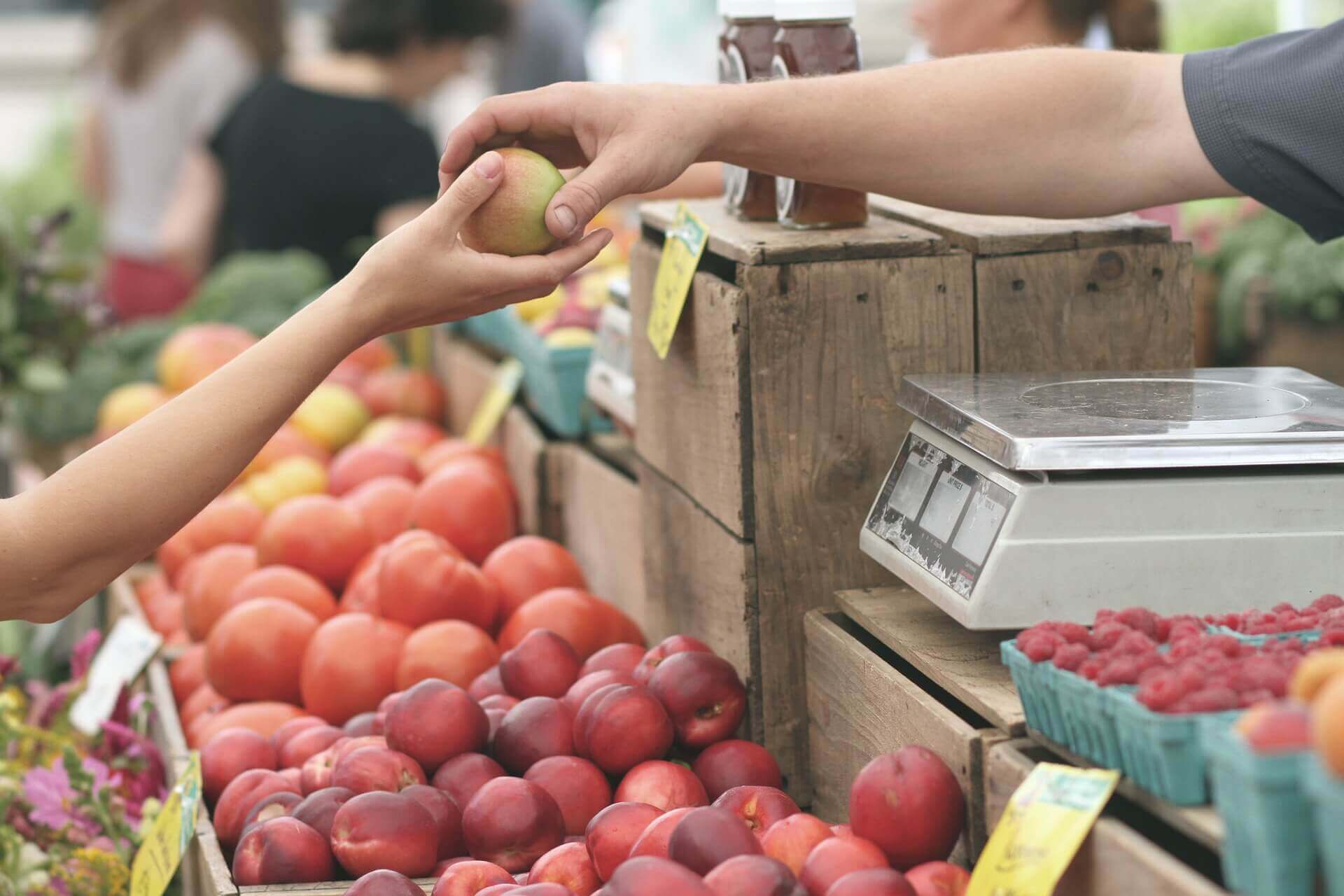 Durante uma feira, o vendedor entrega uma maça para a cliente | Direito de propriedade – Artigo Quinto