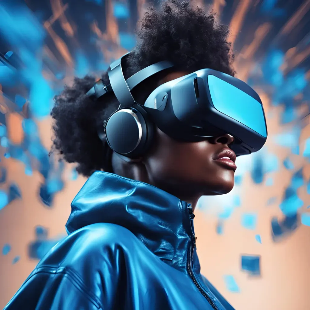 A imagem retrata uma pessoa usando um visor de realidade virtual (VR) e fones de ouvido. Ela veste uma jaqueta de couro azul metálico. O fundo da imagem apresenta um efeito dinâmico com cores vibrantes, especialmente em tons de azul e laranja, sugerindo uma experiência imersiva em um ambiente virtual futurista.