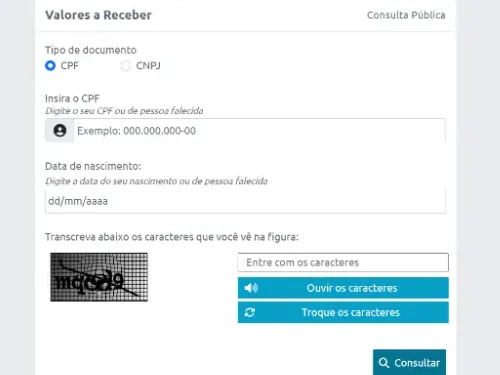 Printscreen da página do Sistema de Valores a Receber.