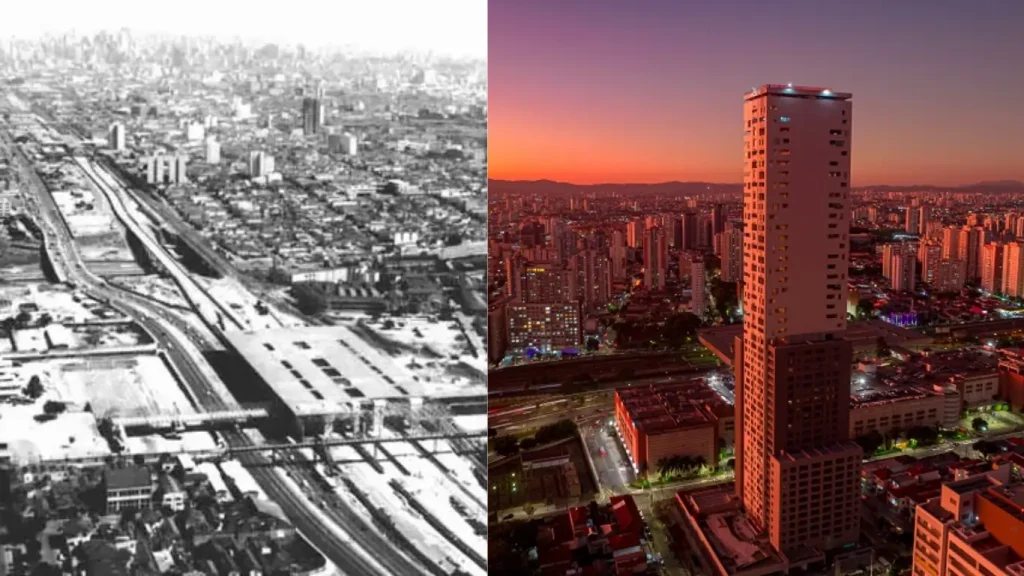 A imagem é composta por duas fotografias lado a lado, ambas mostrando a evolução urbana de uma cidade ao longo do tempo. A imagem à esquerda é uma fotografia antiga em preto e branco. Ela mostra uma vasta área urbana com poucas construções altas, uma infraestrutura rodoviária em desenvolvimento, e um cenário dominado por edifícios baixos e espaços abertos. É uma representação de uma cidade em fase inicial de expansão. A imagem à direita é uma fotografia moderna, colorida, capturada ao entardecer. Nela, podemos ver uma cidade densamente urbanizada, com muitos arranha-céus, incluindo um edifício alto em destaque no primeiro plano. A cidade está iluminada pelas luzes das ruas e dos prédios, evidenciando um desenvolvimento urbano significativo. As duas imagens juntas ilustram a transformação da cidade ao longo dos anos, destacando o crescimento e a modernização da infraestrutura urbana.