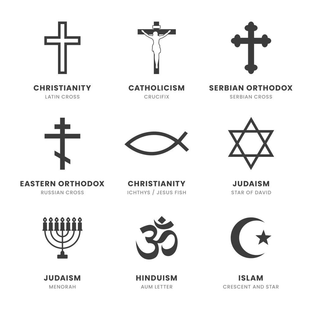 Símbolo das religiões: Cristianismo, Catolicismo, Ortodoxismo sérvio, Ortodoxismo russo, Cristianismo com a simbologia de um peixe, Judaísmo, Judaísmo de Menorah, Hinduísmo e Islamismo.