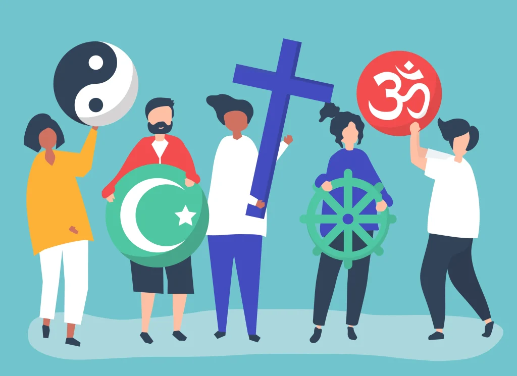 Ilustração de 5 bonecos segurando símbolos de diversas religiões, cada um. Texto: O que é analfabetismo religioso?