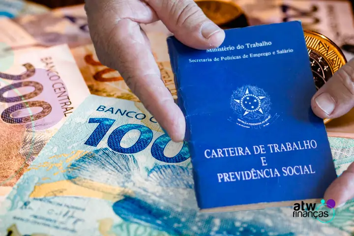 Imagem da carteira de trabalho sobre cédulas de Real.
Texto sobre empréstimo do governo.