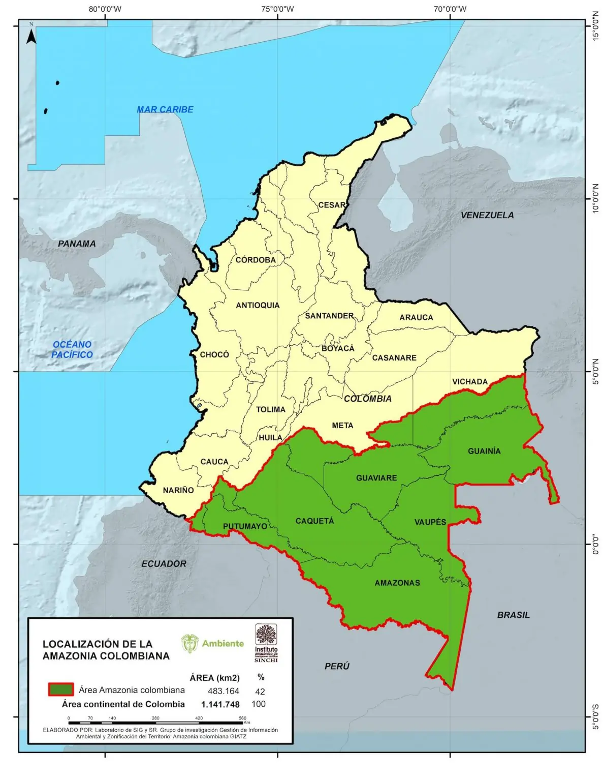 Mapa da Colômbia demonstrando os departamentos e detalhando a região da Floresta Amazônica. Texto: O desmatamento e a preservação da Amazônia colombiana