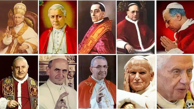 Imagem dos 10 últimos papas anteriores à Francisco. Texto: O que é conclave?