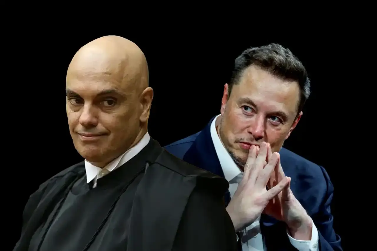 Na imagem, Alexandre de Moraes e Elon Musk próximos por uma edição de imagem.