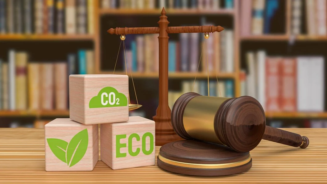 A imagem exibe uma balança, um martelo judicial e cubos com palavras e ícones ligados à sustentabilidade, simbolizando o Direito Ambiental, uma das áreas em alta juntamente com o Direito Digital e Empresarial.