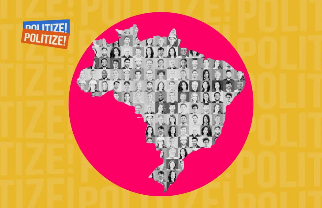 Mapa do Brasil com vários rostos representando a miscigenação brasileira