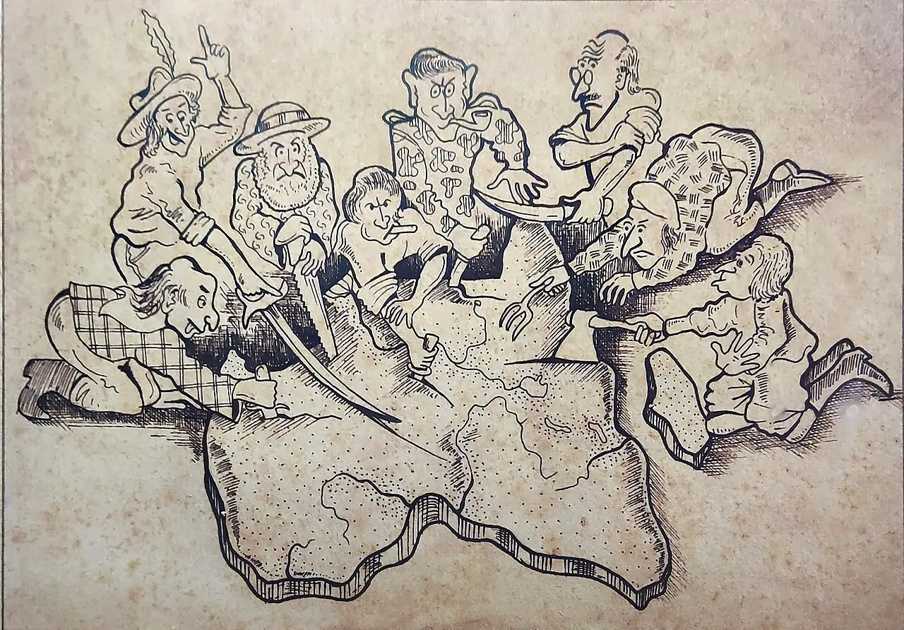 Cartoon histórico representando as potências europeias dividindo o continente africano como se fosse um bolo, simbolizando a Conferência de Berlim e o neocolonialismo.