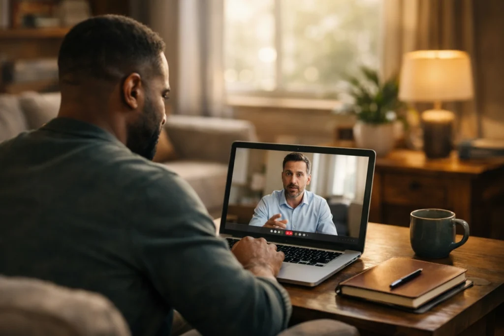 Um homem conversa por vídeo chamada com outro homem, via notebook, em um ambiente residencial. Sobre a mesa de madeira, há um caderno, uma caneta e uma caneca. Ao fundo, uma janela com luz natural, uma luminária e uma planta compõem o cenário de trabalho remoto. 